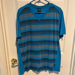 Oakley V Neck Tee Shirt, Royal Blue with Black and Gray Stripes on Front Sz XL